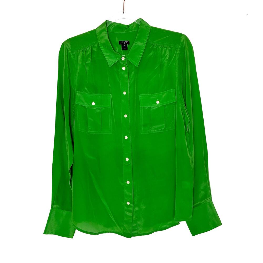 J. Crew Factory 100% Silk Emerald Green Button Front Blouse Womens Large